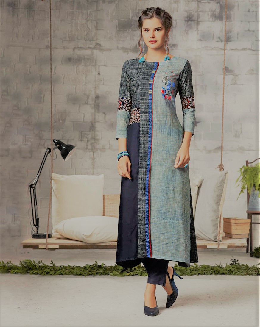 Light Blue & Navy Tunic Kurti w/ Light Embroidery ( L ) 37008